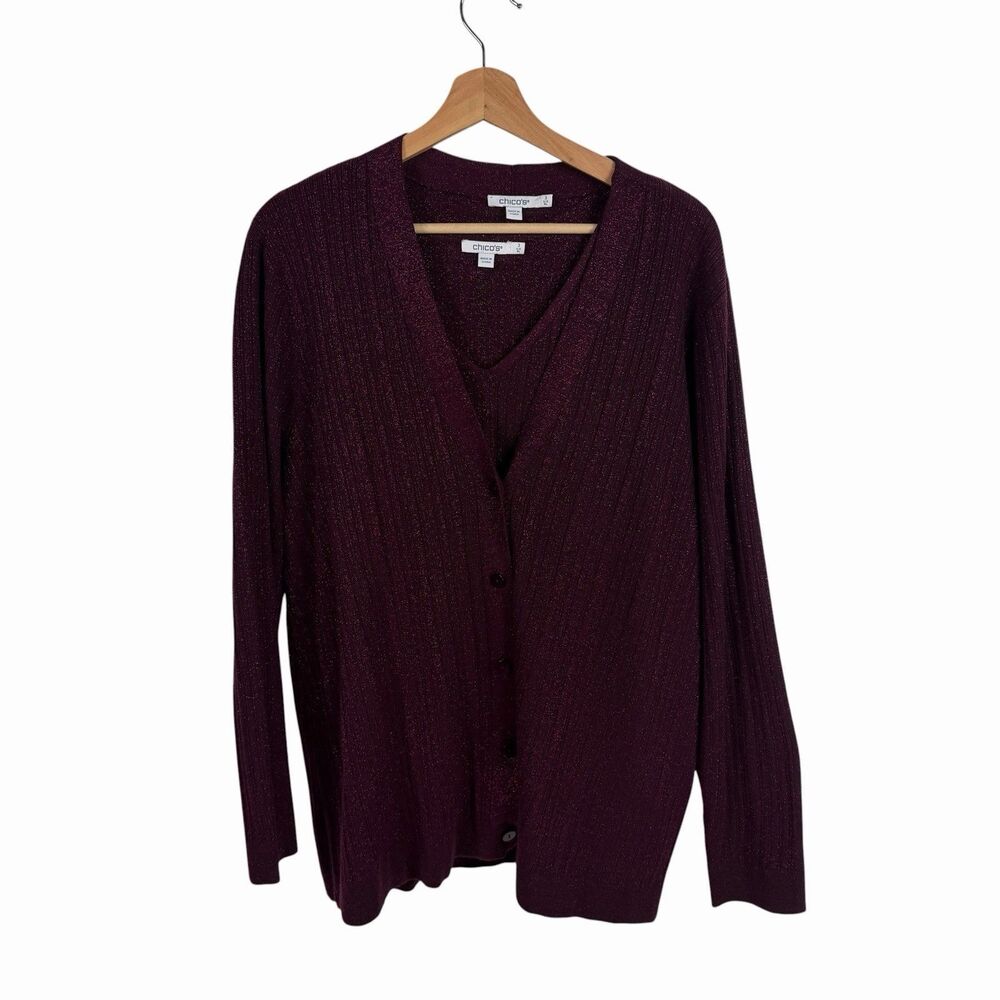 Chico's Size 3 Metallic Knit Twin Set Cardigan Shell XL Burgundy Dark Academia